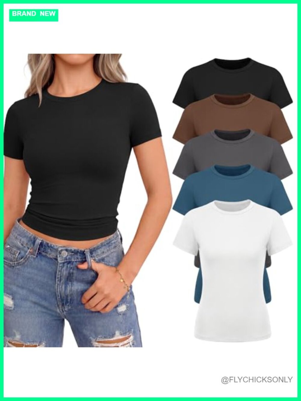 5 Pack Women's Slim Fit Crew Neck Short Sleeve Crop T-Shirts Fitted Basic Tees
